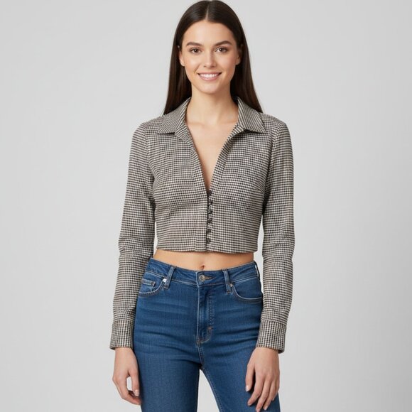 Zara Cropped Herringbone Houndstooth Black Cream Blazer Top S - Picture 1 of 9